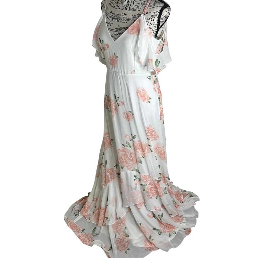 Lulus Maxi Dress M White Floral Cold Shoulder Ruffle